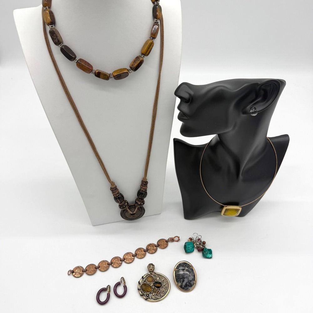 Vintage Boho Jewelry Lot Tiger's Eye Chico's AK Pendant Necklace Brooch Earrings